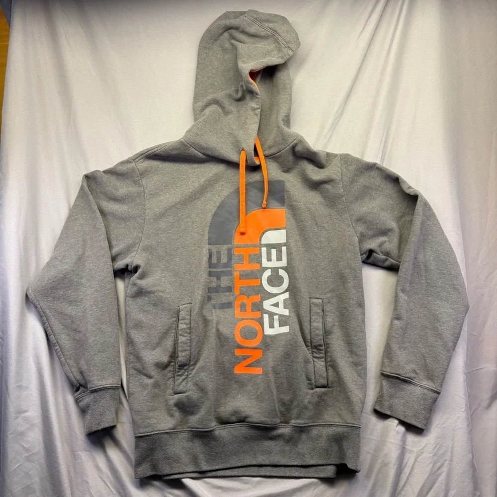 The North Face Mens Gray Orange Vertical‎ Logo Pullover Hoodie Size Medium